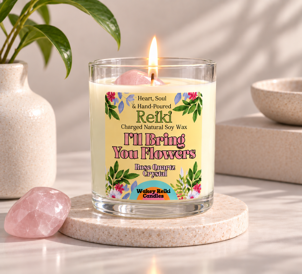 I'll Bring You Flowers | Reiki-Charged Natural Soy Candle | Freshly Picked Flowers & Rose Quartz