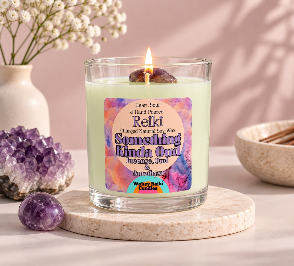 Something Kinda Oud | Reiki-Charged Natural Soy Candle with Incense, Oud & Amethyst Crystal