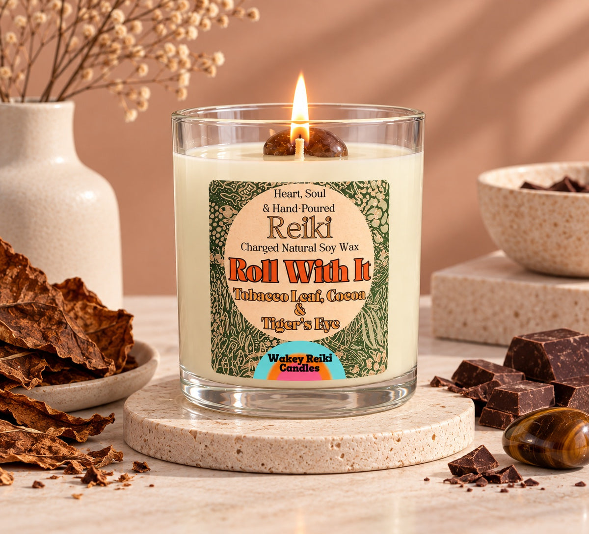 Roll With It | Reiki-Charged Natural Soy Candle with Tobacco Leaf, Cocoa & Tiger's Eye Crystal