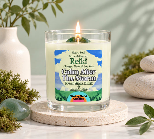 Calm After The Storm | Reiki-Charged Natural Soy Candle with Fresh Moss, Musk & Aventurine Crystal