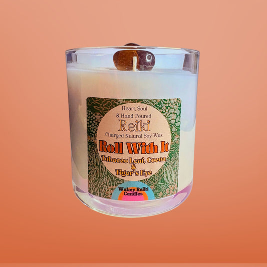 Roll With It | Reiki-Charged Natural Soy Candle with Tobacco Leaf, Cocoa & Tiger's Eye Crystal